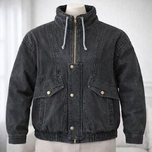 VTG Hot Spices Distressed Black Denim Fleece Lined Jacket Medium Trucker Moto